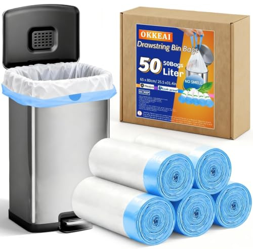 OKKEAI 50L Heavy Duty Bin Bags with Drawstring, White, Leak-Proof, 50 Count | Tear-Resistant, Easy Drawstring Closure, Strong Bin Bags Ideal for Kitchen and Household Use