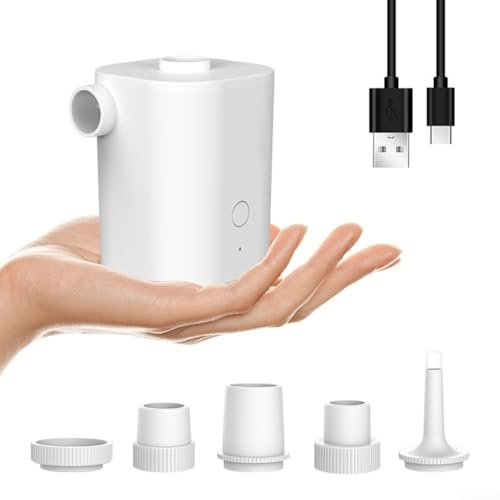 Gdfnmogo Pompe à air portable pour flotteurs de piscine, camping et lits gonflables – Compresseur d'air électrique de 300 l/min avec 5 buses, rechargeable par USB, sans fil (blanc)