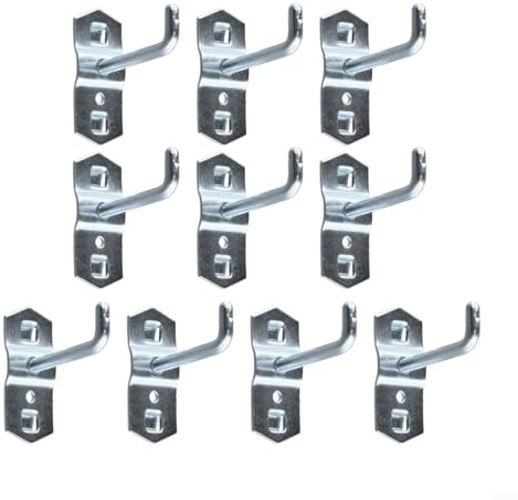 Wall Tool Rack Hooks 10 Pack, 50mm Steel Perforated Board Organizer with Slanted Ends for Secure Tool Storage, Compatible with Pegboards