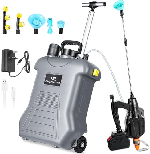 Bellanny Pulverizador de jardín, pulverizador de presión de batería multiusos de 15 L, pulverizador de mochila, herramienta de pulverización de agua grande con lanza, 5 boquillas, para limpieza del