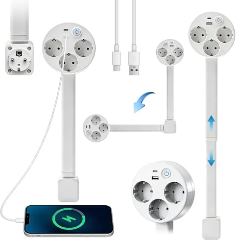 Erweiterbare Steckdosenleiste Ausziehbar mit Ausziehbarer(45-70cm) | 3 Fach Steckdose Versenkbare mit USB-Kabel, Steckdosen-Verlängerung mit Ausziehbarer Verlängerungsstange