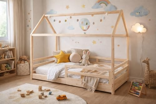 Hüttenbett aus natürlichem Kiefernholz für Kinder, 90 x 190 cm, Montessori-Stil mit Sicherheitsbarrieren, Design Haus Zelt