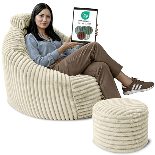 DreamRoots Sitzsack Erwachsene Cord, Sessel mit Hocker, Cremefarben