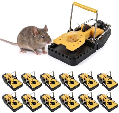 DRADERCH 12 Stück Rattenfallen Mausefalle Rattenschlagfallen Wiederverwendbar Mäusefallen Kunststoff Mouse Trap in Drinne und Garten aus Kunststoff Schwarz und Gelb