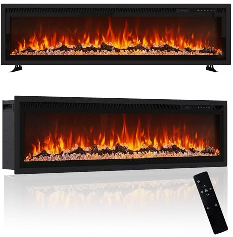 LUXOAK 127cm/50 Inch Electric Fireplace with Heater, Wall Mounted, Recessed or Freestanding Electric Fire, 12 Flame Colours, Log & Crystal Fuel Bed, Remote & Touch Control, Black