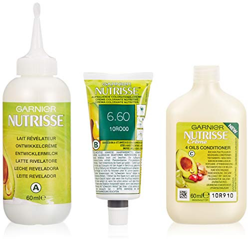 Garnier Nutrisse Pflegende Intensivtönung mit nährenden Fruchtölen, Coloration mit 8 Wochen Halt, Farbsensation Haarfarbe, 6.60 Intensives Rot