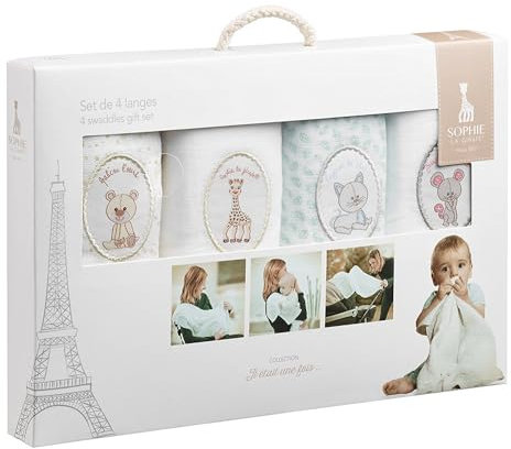 Sophie la Girafe – 4er-Set Windeln Sophie la Girafe – waschbare Windeln aus 100 % Baumwollstoff für Babys – vielseitig einsetzbar – 70 x 70 cm – ab der Geburt