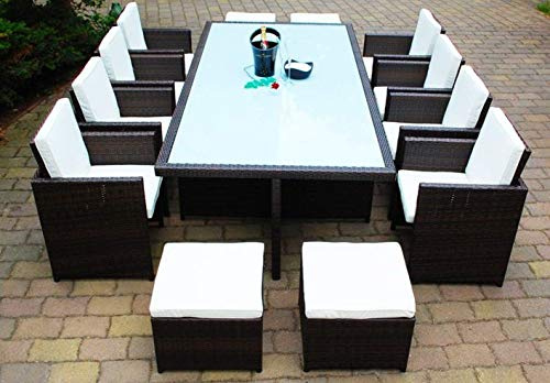 Ragnarök-Möbeldesign PolyRattan Essgruppe - Deutscher Hersteller - 8 Jahre GARANTIE - Tisch + 8 Stuhl & 4 Hocker Gartenmöbel Glas Polster braun Gartenmöbel Aluminium Rattan