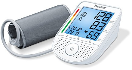 Beurer BM49 Tensiómetro de Brazo con Voz, Gran Pantalla LCD XXL, Volumen Ajustable, Detección Arrítmia, Botón Táctil, 2 X 60 Mediciones de Memoria, Color Blanco