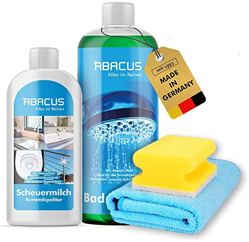 ABACUS® Profi Scheuermilch Set mit Lotus- & Glanzeffekt, Politur für Küche & Bad inkl. Badreiniger Konzentrat, Reinigungsmilch, Sanitärpolitur, Keramikpolitur, Edelstahlpolitur – Scheuermilch Set