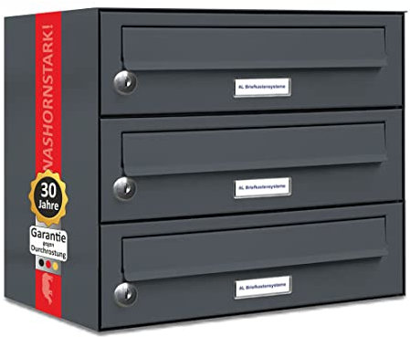 AL Briefkastensysteme 3er Briefkasten in Anthrazitgrau RAL 7016, Premium Briefkasten DIN A4, 3-Fach Postkasten modern Aufputz