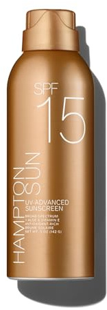Hampton Sun SPF 15 Continuous Mist Sunscreen, Broad Spectrum UVA/UVB | Advanced Water + Sweat Resistance, Antioxidant-Rich Vitamin E + Aloe for Hydrated, Radiant Skin, Glowy Finish and Oil-Free.