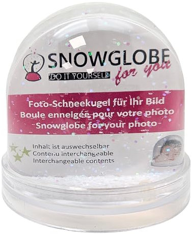 Foto-Schneekugel groß | Inhalt pastellfarbener Glitzer | mit 2 x Bild | Sockel transparent | Breit 9 cm, hoch 8 cm | Fotogeschenk | 50001