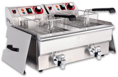 Beeketal 'BWF-102P' Profi Gastronomie Doppel Kaltzonen Fritteuse (2 x 10 Liter Volumen für max. 2 x 6 Liter Öl) Edelstahl Gastro Imbiss Friteuse mit Doppelheizspirale und Fettablaufhahn