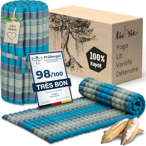 livasia Rollmatte Rollmatratze M schmal Einzelbett - 200x75x4,5cm - Gästebett Gästematratze 1 Person mit Muster, Reisebett Kofferraum outdoor, Thaimatte Kapok Garten handgefertigt (Hellblau)