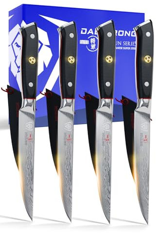 DALSTRONG Steak Knives Set - 5 inch - Shogun Series ELITE - Damascus - Japanese AUS-10V Super Steel - 4 Piece - Razor Sharp Fillet Knives - Table Set - Razor Sharp Kitchen Knife Set - Sheaths Included