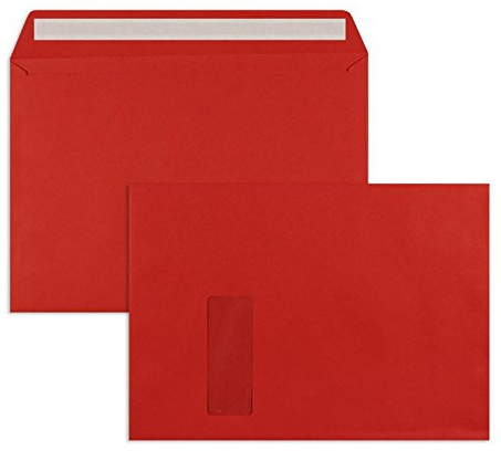 Farbige Briefhüllen | Premium | 229 x 324 mm (DIN C4) mit Fenster | Rot (250 Stück) mit Abziehstreifen | Briefhüllen, Kuverts, Couverts, Umschläge mit 2 Jahren Zufriedenheitsgarantie