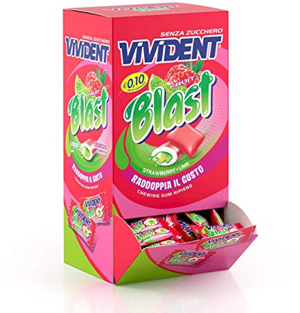 Vivident Fruit Blast, Gomme da Masticare senza Zucchero Gusto Fragola e Lime, Ripieno, Confezione da 200 Monopezzi