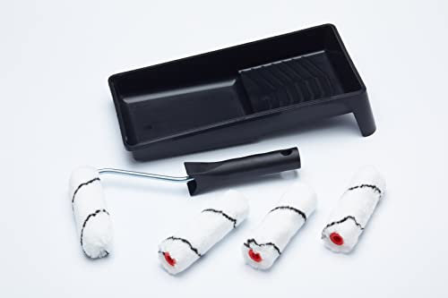 ProDec Advance, 6-teiliges Set aus mittelflorigen 100-mm-Mini-Farbrollen aus Mikrofaser, mit Rahmen und Schale, für glattes Finish, Dispersionsfarben und Holzlasuren an Innenwänden, Decken und Holz