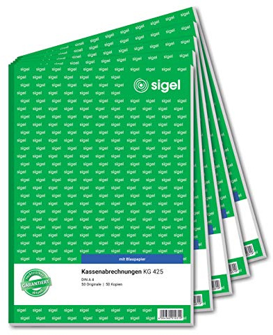 SIGEL KG425/5 Kassenabrechnung A4, 2x50 Blatt, 5er Pack | KG425/5, Mikroperforation für exakte Einnahmen und Ausgabenrechnung