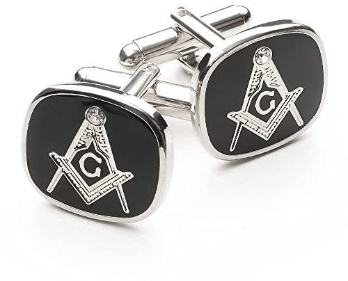 THE MASONIC COLLECTION Quadratische und Kompass mit G-Manschettenknöpfen für Herren – schwarz und versilbert – nur 2 mm dick – kommt in Manschettenknopf-Box/Samtbeutel – Freimaurer-Geschenke für