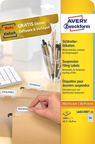 Avery Zweckform L6021REV-25 mappetiketter för etiketthållare på upphängningsfiler pinne 18 x 16,9 mm 25 ark