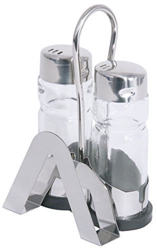 Menage, 2-teilig, mit Karten-/Serviettenhalter, für Salz & Pfeffer, Gestell aus Edelstahl 18/0, Kappen aus Edelstahl 18/10, Pressglaseinsätze / 8 x 5,5 x 12 cm | ERK