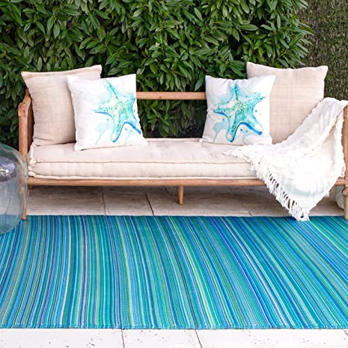 FAB HAB Outdoor-Teppich - wetterfest, farbecht, wendbar - recycelter Premium-Kunststoff - gestreift - Terrasse, Balkon, Garten, Flur, Bad - Kunststoffteppich Cancun Türkis und Mossgrün, 120x180 cm