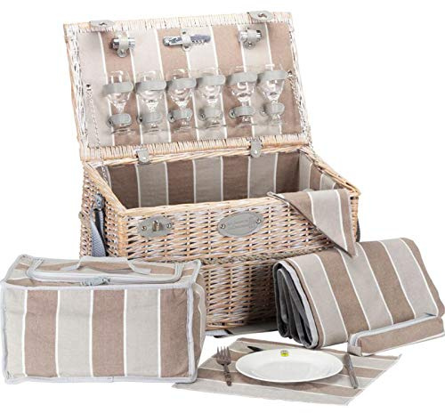 Les Jardins de la Comtesse - Panier Pique-Nique Chinon en Osier - Complet/6 Pers - Glacière Isotherme Amovible - Assiettes en Céramique/Verres à Vin en Verre - Tissu à Rayures - 53 x 31 x 30 cm