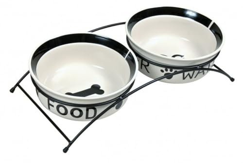 Napf-Set, Keramik/Metall, 2 × 0,6 l/ø 15 cm/32 × 9 × 15 cm, weiß/schwarz