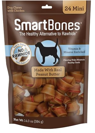 SmartBones Mini Chews With Real Peanut Butter 24 Count, Rawhide-Free Chews For Dogs (Packaging May Vary)