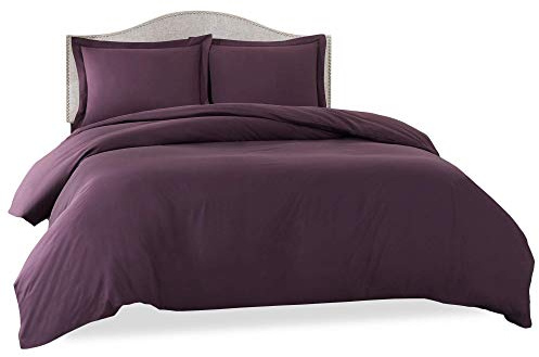 Clara Clark Duvet Cover Ultra Soft Double Brushed Microfiber - Comforter Cover with Button Closure and 2 Pillow Shams, Eggplant, Queen - 90x90