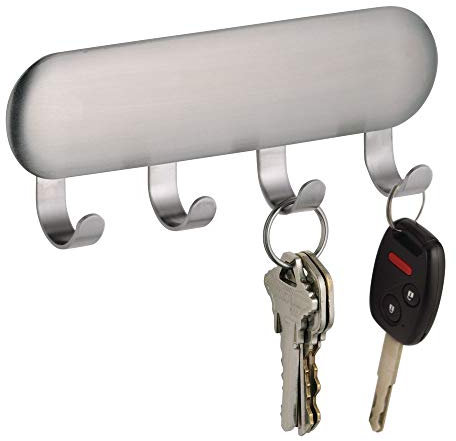 iDesign crochet mural, petit vide poche en métal à quatre crochets pour les clés, patère murale autocollante pour clés, écharpes ou laisses, argenté mat