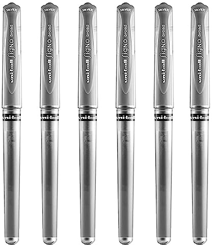 Uni Ball Silver Signo UM-153 Gel-Tintenroller, Metall, 1 mm Spitze, 0,65 mm Strichbreite mit Gummigriff, 6 Stück