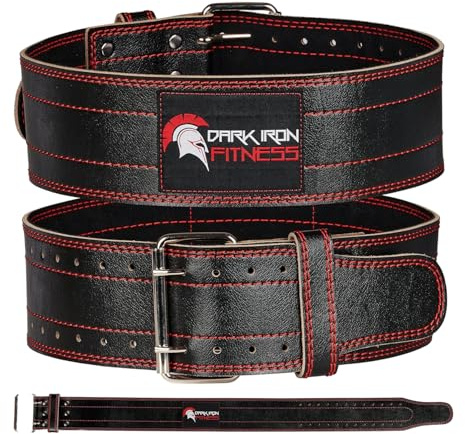 Dark Iron Fitness Genuine Leather Weightlifting Belt, 4 Inch Wide for Men Women with Double Prong Buckle Reinforced Stitching, Powerlifting Deadlift Squat Training Core Support Gym Strength Workout