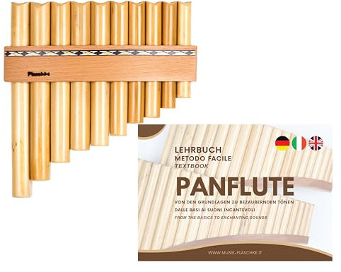 Plaschke Panflöte, Holzriemen Design, handgemacht mit Lehrbuch, 10 Rohre C-Dur