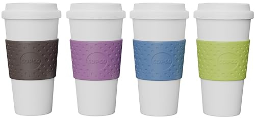 Copco Acadia Travel Mug (4-Pack), 16oz Insulated Coffee Mug with Double-Walled Plastic, Secure Lid - Microwave & Dishwasher Safe, Non-Slip Sleeve, Hot & Cold Drinks - Light Colors