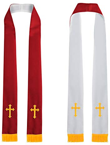 IvyRobes Reversibile Stola del Clero - con Croce Ricamata in Oro - 229cm Sacerdote Clericale ha Rubato - Chiesa Accessorio Unisex - Rosso Bianco