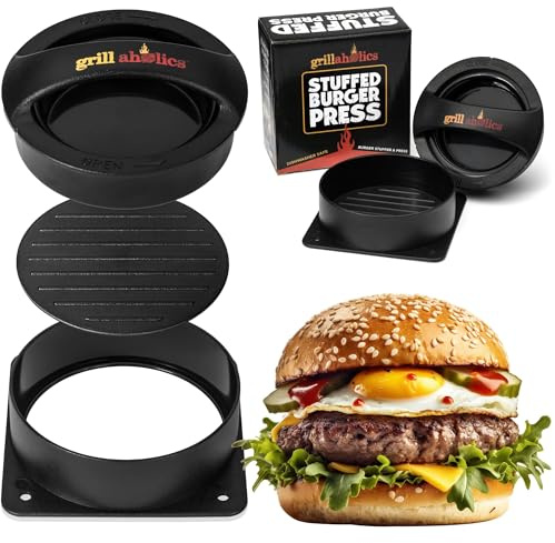 Grillaholics Stuffed Burger Press and Recipe eBook - Extended Warranty - Burger Stuffer & Hamburger Patty Maker - The Perfect Grilling Gift & Stocking Stuffer