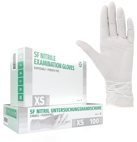 SF Nitrilhandschuhe XS Weiß – 100 Stück Einweghandschuhe, latexfrei | Puderfreie Einmalhandschuhe für Tattoo, Werkstatt, Küche, Reinigung und Haushalt; vielseitig für Gewerbe und Alltag