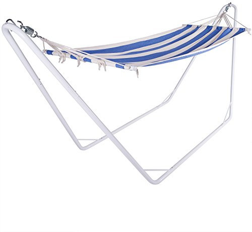 Deuba DETEX® Hängematte mit Gestell Outdoor Camping transportabel Stabhängematte Reisehängematte Baumwolle Gemisch für Garten Balkon bis 150kg Creme Blau