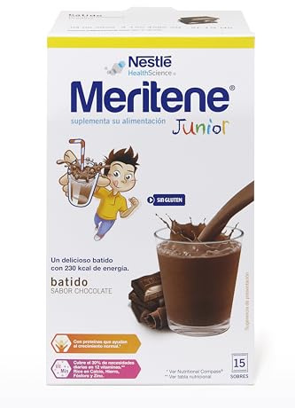 Meritene Junior |Suplemento Alimenticio en Polvo |Batido con Proteínas Vitaminas y Minerales| Sabor Chocolate| Refuerza el Sistema Inmunitario| Correcto Desarrollo y Crecimiento| 15 sobres | 30 gr