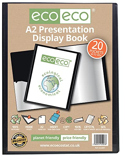 eco-eco A2 storlek 50% återvunnen 20 fickor svart presentationsbok, förvaringsfodral, portfölj, konstmapp med plastärmar, eco007