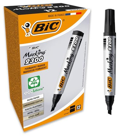 BIC Marking 2300 Permanent Marker, in Schwarz, Wasserfester Stift auch für Karton, Glas und Kunststoff, Strichstärke 3.7 mm, 12er Pack