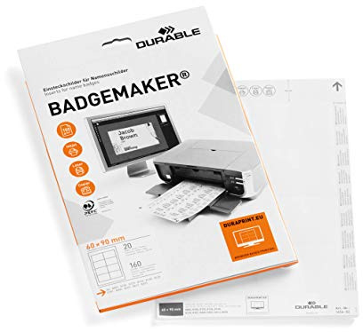 Durable Einsteckschilder Badgemaker, 60 x 90 mm, 160 Schilder, weiß, 145602 | Mikroperforierte Namensschilder auf A4 Bögen, für Laser- & Inkjetdrucker, via DURAPRINT gestaltbar