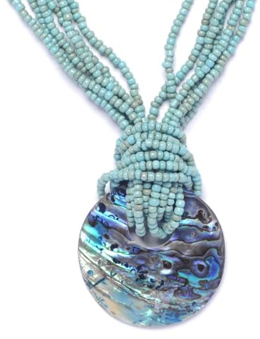 81stgeneration Collana Multifilo con Perline di Turchese e Ciondolo Rotondo in Conchiglia di Abalone | Grande Ciondolo a Disco Blu per Donna | Collana con Perline e Pietre Preziose in Stile Boho, 51cm