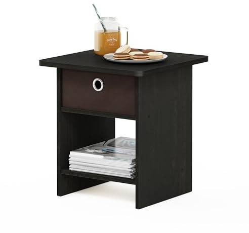Furinno DARIO Side Table, Square End Table with Storage Bin, Round Corner Night Stand, Bedside Table with Open Back Shelf, for Living Room, Bedroom, Espresso