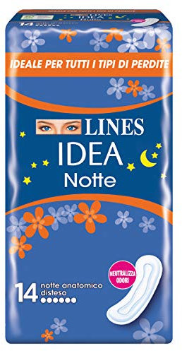 Lines Idea Sottile Notte Anatomico Disteso, 14 assorbenti. Ideale per tutti i tipi di perdite, Assorbenti lunghi per la notte con cuore Lines assorbente, Neutralizza Odori, Ipoallergenico.