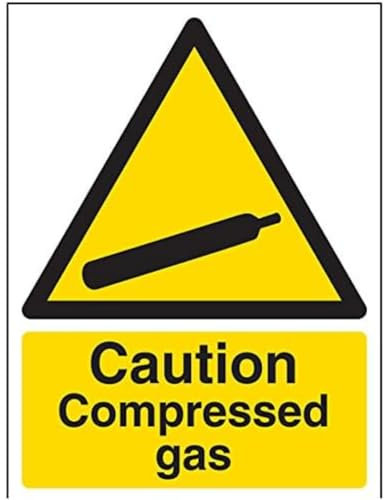 V Safety 6A010AN-S Caution Compressed Gas Warning Sign - Portrait - 150mm x 200mm - Self Adhesive Vinyl, Black/Yellow