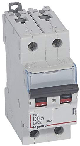 Legrand 408007 Disjoncteur DX³6000 10kA arrivée haute et départ bas à vis, 2P, 230V~ à 400V~, 0.5A, courbe D, 2 modules